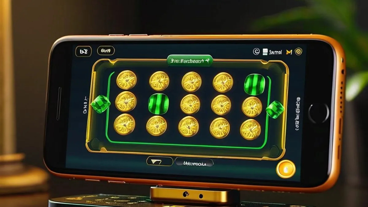 Celular en un soporte con una tragamonedas de monedas doradas y esmeraldas en pantalla