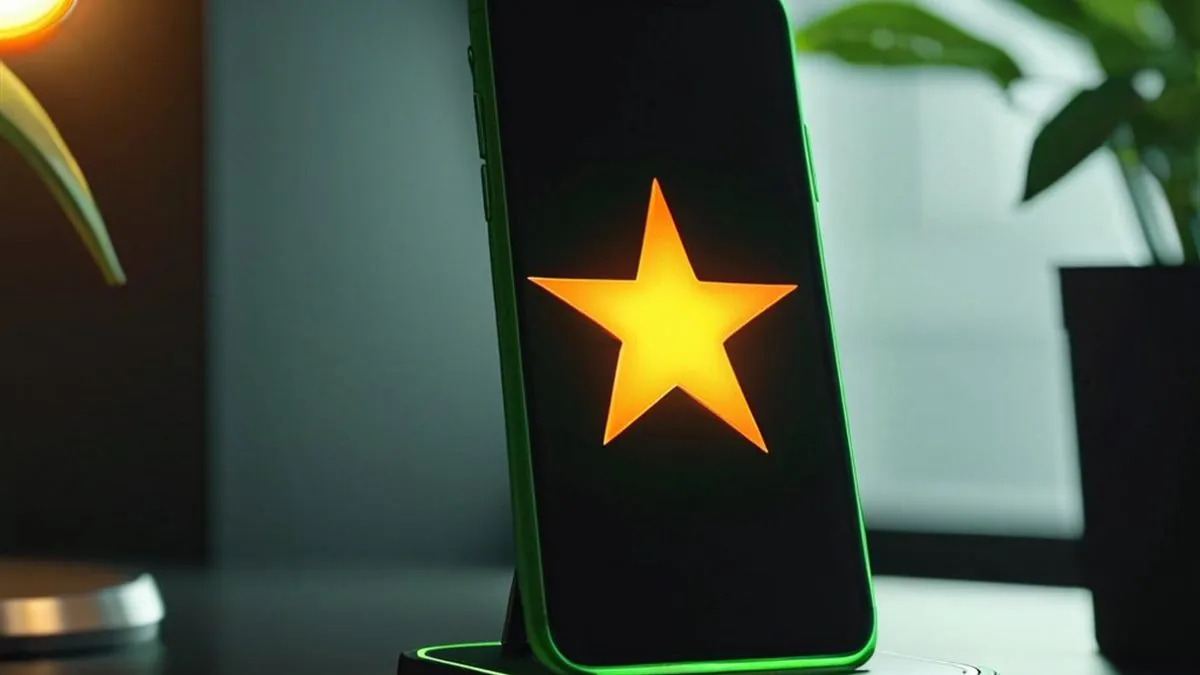 Celular en un soporte con una estrella naranja luminosa en pantalla junto a una planta