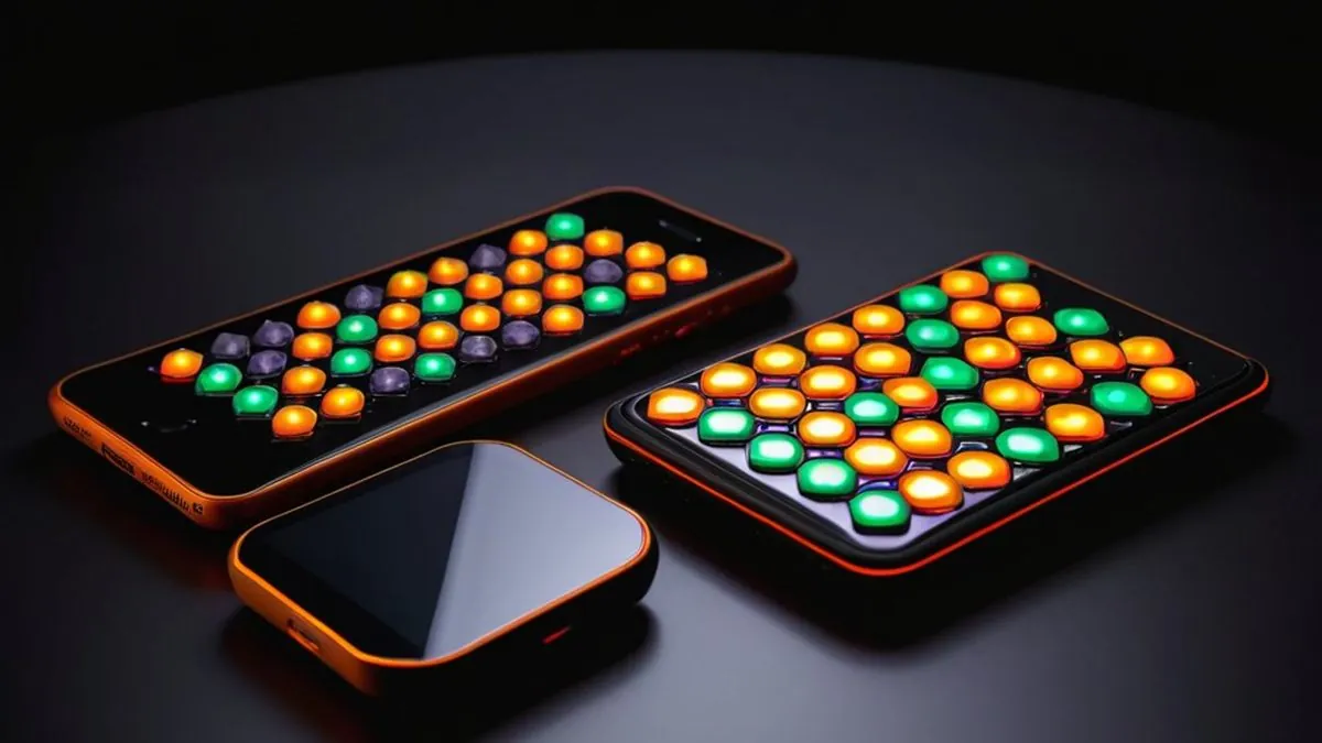 Dos celulares sobre una mesa oscura con cuadrículas de fichas de juego naranjas y verdes