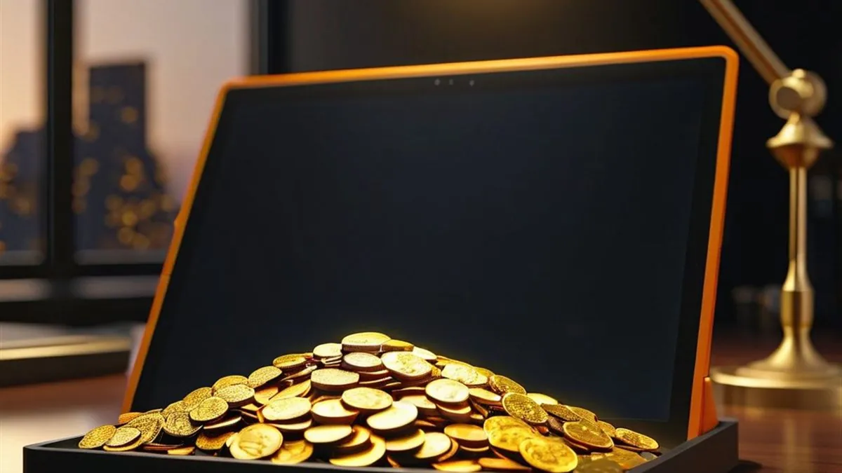 Tablet sobre un escritorio con un montón de monedas doradas al pie de la pantalla