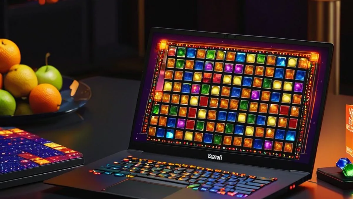 Laptop con un catálogo de muchas miniaturas de juegos de colores sobre un escritorio